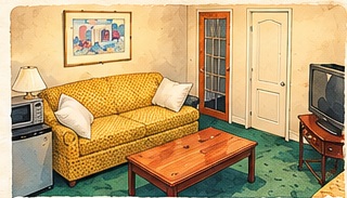 Watercolour illustration of the two-bedroom suite and pullout sofa
